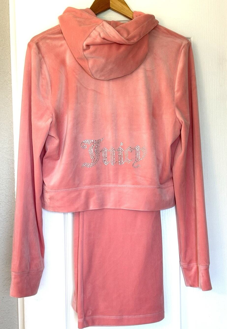 Juicy Couture Velour Bling Tracksuit Sz XL Strawberry Ice Pink Hoodie Pants Set